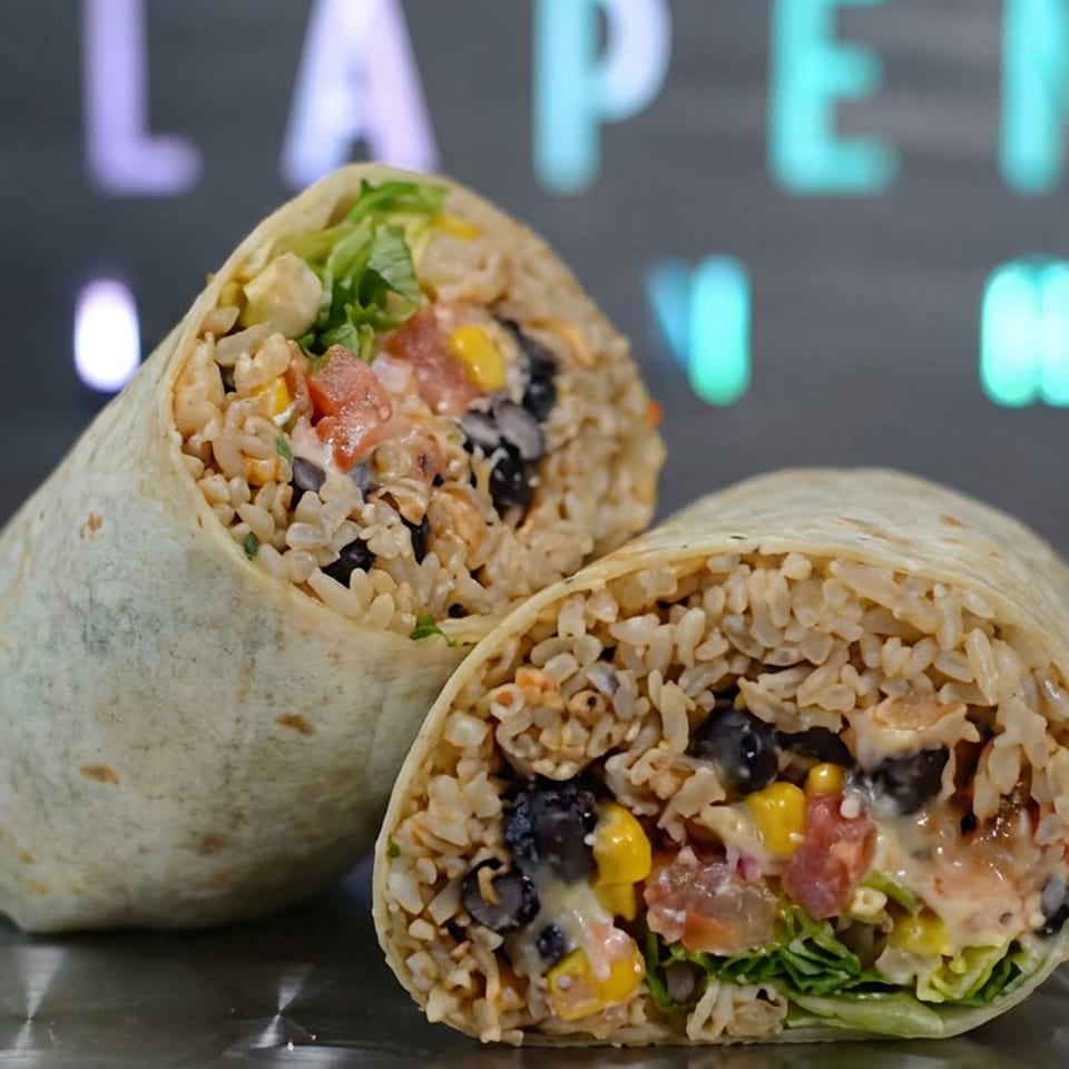Two large burritos filled with rice, black beans, corn, lettuce, tomatoes, and creamy sauce on a reflective counter.