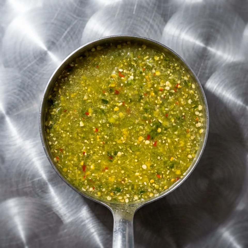 Shallow metal pan filled with vibrant green chili sauce, speckled with seeds and red pepper pieces, on a stainless-steel surface.