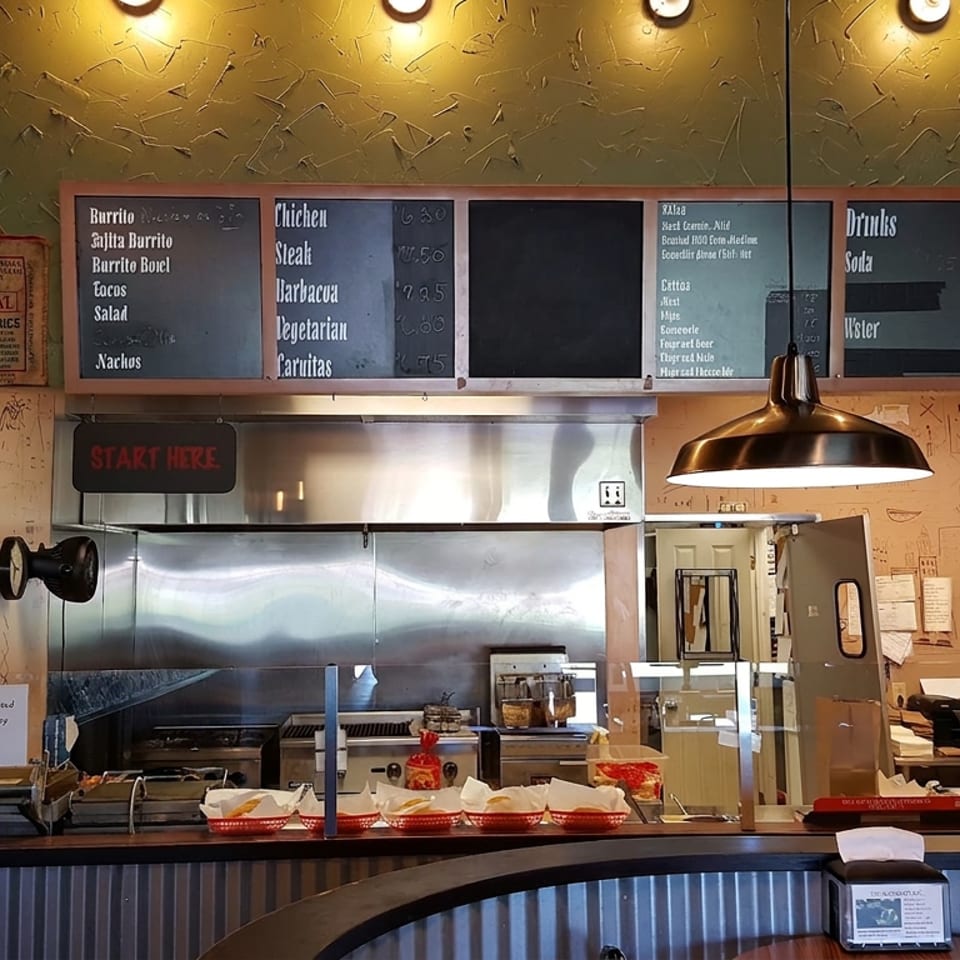 Casual Mexican restaurant counter with chalkboard menu, open kitchen, condiments, and warm industrial decor.